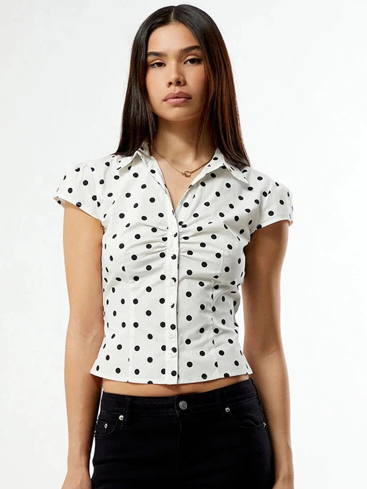 Polka Dot Short Sleeve Sexy Tops Women Cardigan Elegant Turn-down Collar Single-breasted Ruched Lace-up Club Party Top