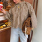Womens Striped High Neck Blouse Puff Sleeve Open Back Bow Tie Shirt Loose Fit Vintage French Holiday Casual Tops