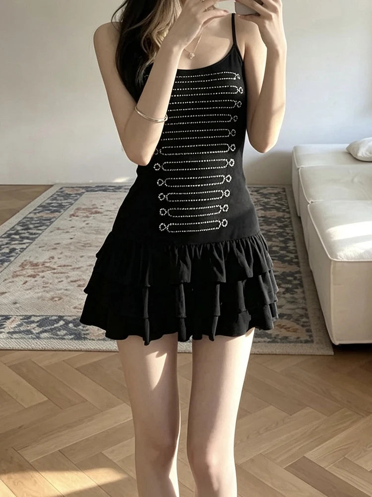 Fake Diamond Decoration Dress Women Low-Neck Tierred Sleeveless Skinny Summer Fashion Prom Party Chic Mini Bodycon