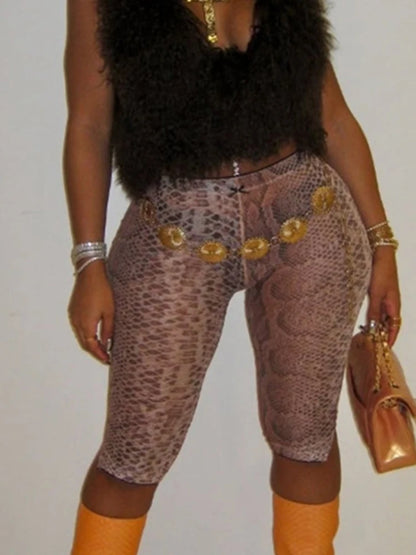 Serpentine Print Shorts Women Street Sexy Wild Style Elastic Waist Skinny Peach Hip Hottie Midnight Club Party Bottom