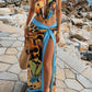 Colorful Print 2 Piece Set Woman Halter Swing Collar Bakcless Tank Tops+High Splits Long Skirts Sexy Fashion Suits