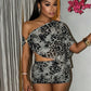 Leopard Print 2-Piece Set Women Skew Collar Metal Trim Irregular Hem t-Shirt+Folds Elastic Waist Skirt Summer Suit