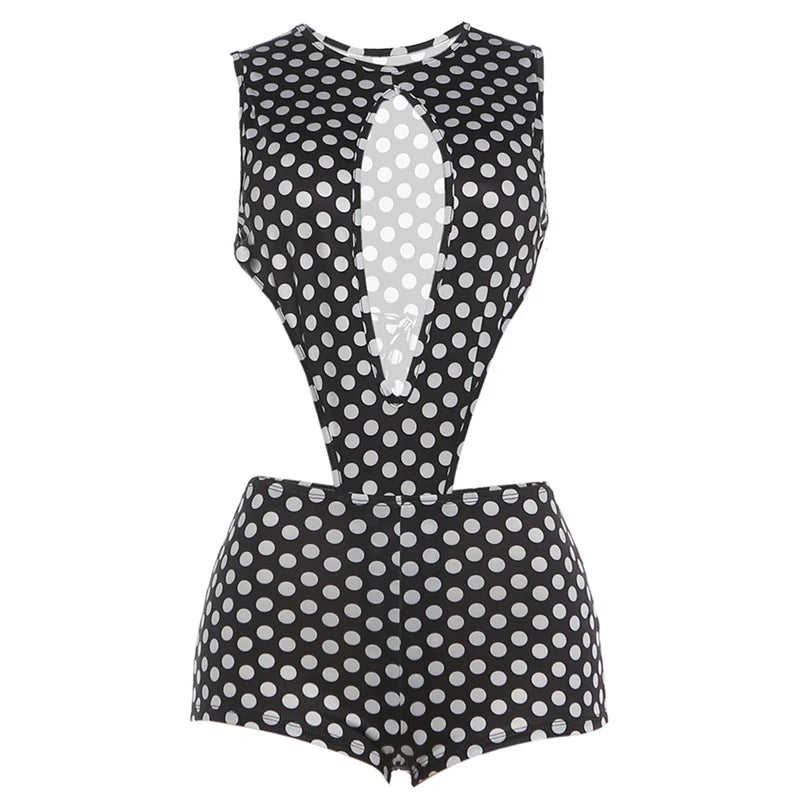 Polka Dot Sexy 2 Piece Set Women Side Split Sleeveless Bandage Bodysuit+Shorts Matching Hipster Party Clubwear Suits