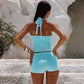 Woman 2 Piece Outfit Set Summer Vacation Blue Striped Knit Halter Top and Shorts Matching Sets