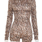 Leopard Print Romper Women Slash Neck Ruched Full Sleeve Elastic Workout Activewear Midnight Trend Club Playsuits