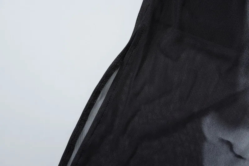 Alternative Skull Print Mesh Black Dress Gothic Clothes Woman Crew Neck Sleeveless Split Long Dresses