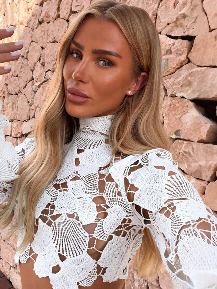 Fashion Jacquard Hollow 2 Piece Set Women Sexy Turtleneck Puff Sleeve Crop Top+Long Skirts Elegant Party Club Suits