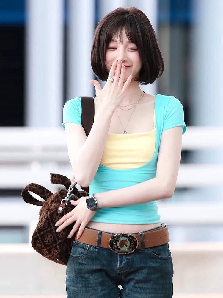 T-Shirt+Camisole 2Piece Set Women Trend Hottie Low-Neck Short Sleeve Stretch Fashion Casuals Classic Party Streetwear