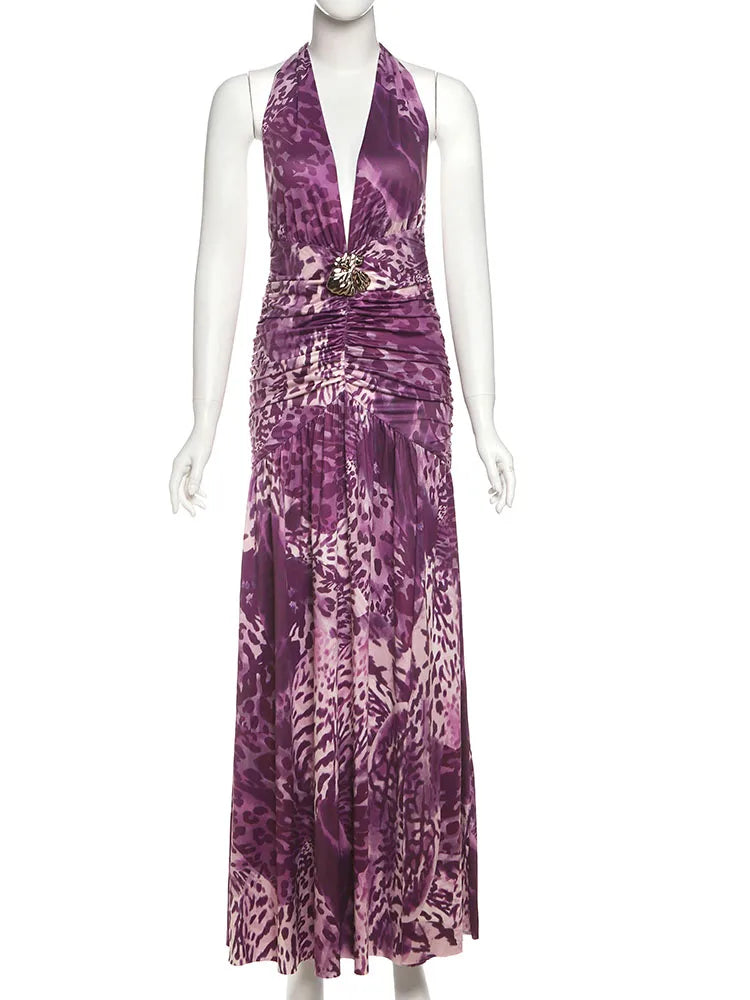 Leopard Patchwork Maxi Dress Women Seashell Decoration Halter Low-Neck Backless Ruched Side Splits Elegant Vestidos