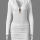Women Deep V Neck Shoulder Pads Sexy Mini Dress Long Sleeve Gold Metal Decor Ruched Bodycon Dress Nightclub Party Dress