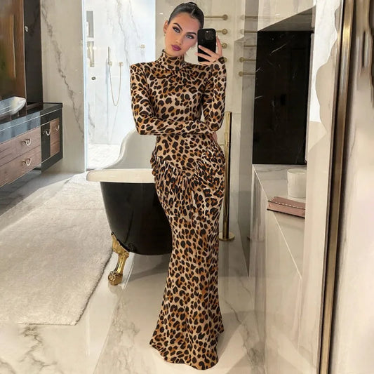 Sexy Leopard Evening Party Dresses Winter Clothes Woman Turtleneck Hollow Backless Long Sleeve Maxi Dress
