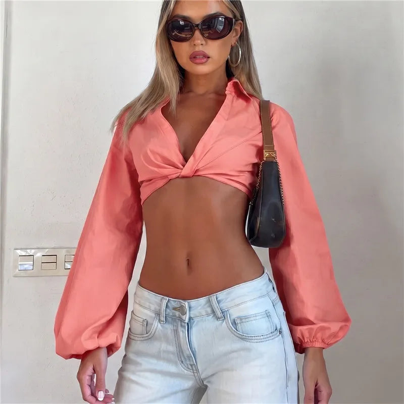 Women Deep V Front Twisted Knot Cropped Blouse Lapel Collar Long Lantern Puff Sleeve Slim Crop Top Solid Casual Shirt
