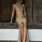 Pearl Metal ring Chain Halter Dress Women Fashion Backless Ruched Hollow High Sti