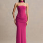 Women Strapless Mermaid Sexy Maxi Dress Detachable Choker Neck Tie Ruched Waist Bodycon Long Evening Party Dress