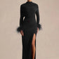 Women High Neck Long Sleeve Maxi Dress Draped Ruched Feather Cuff Formal Gown High Slit Evening Party Bodycon Dress