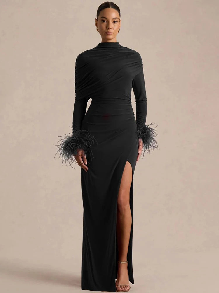 Women High Neck Long Sleeve Maxi Dress Draped Ruched Feather Cuff Formal Gown High Slit Evening Party Bodycon Dress