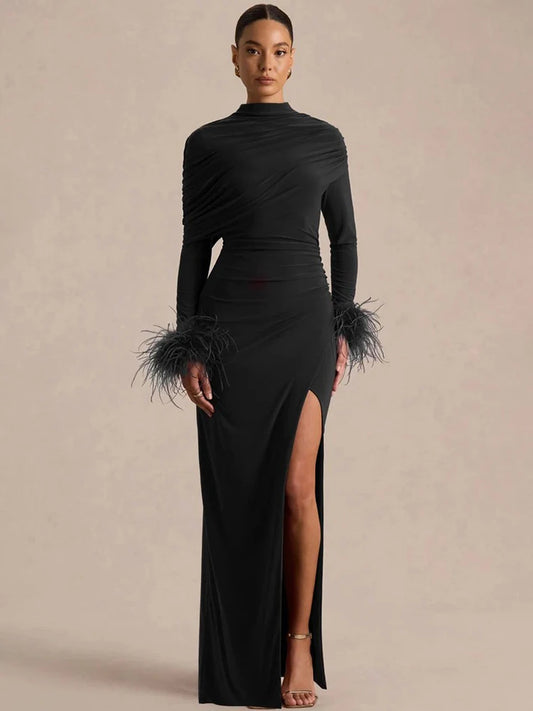Women High Neck Long Sleeve Maxi Dress Draped Ruched Feather Cuff Formal Gown High Slit Evening Party Bodycon Dress