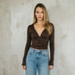 Deep V Neck Ruched Long Sleeve Tops Fall 2026 Fashion Brown Fitted T Shirts Woman Clothing