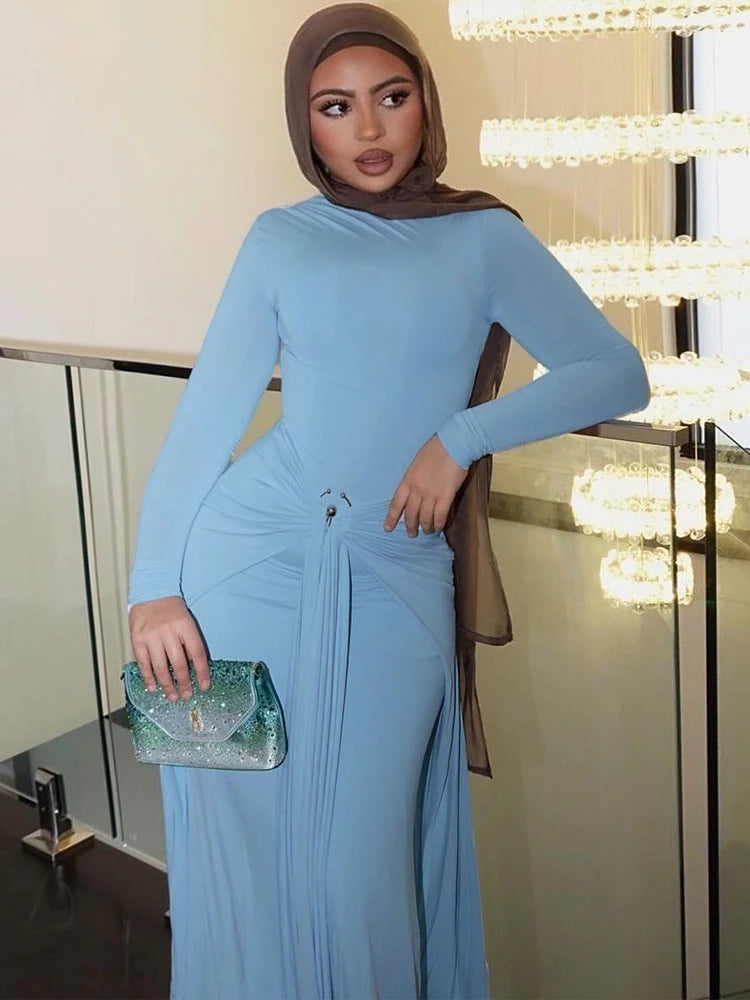 Ruched Elegant Maxi Dress Women Daily Casual Fashion Skinny Full Sleeve Solid Gown Midnight Prom Party Long Bodycon