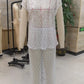 Women's Y2K 2 Piece Skirt Outfits Cap Sleeve Sheer Sequins Flower T shirt Tops and Long Skirt Fashion Matching Set