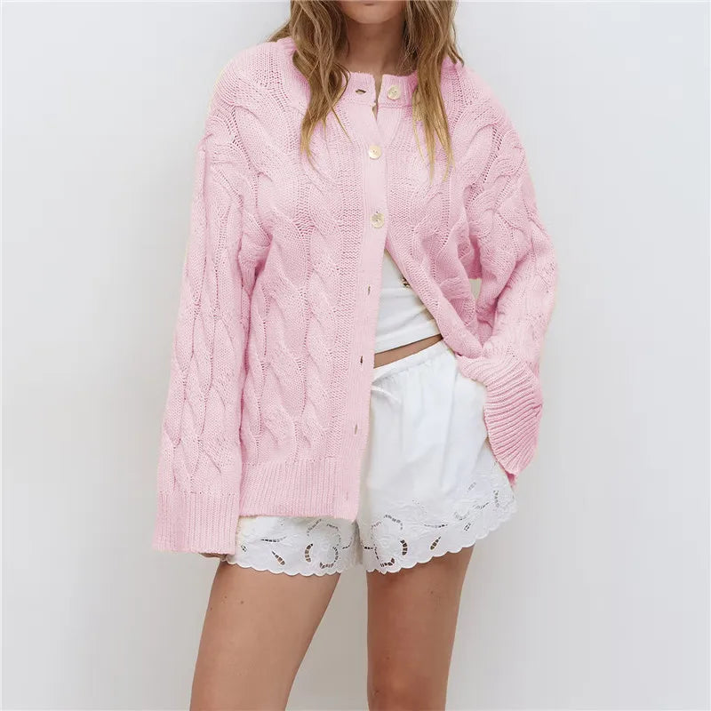 Elegant Twisted Knit Women Cardigan Solid O Neck Full Sleeve Single Breasted Lady Coat Winter Autumn Female Sweater
