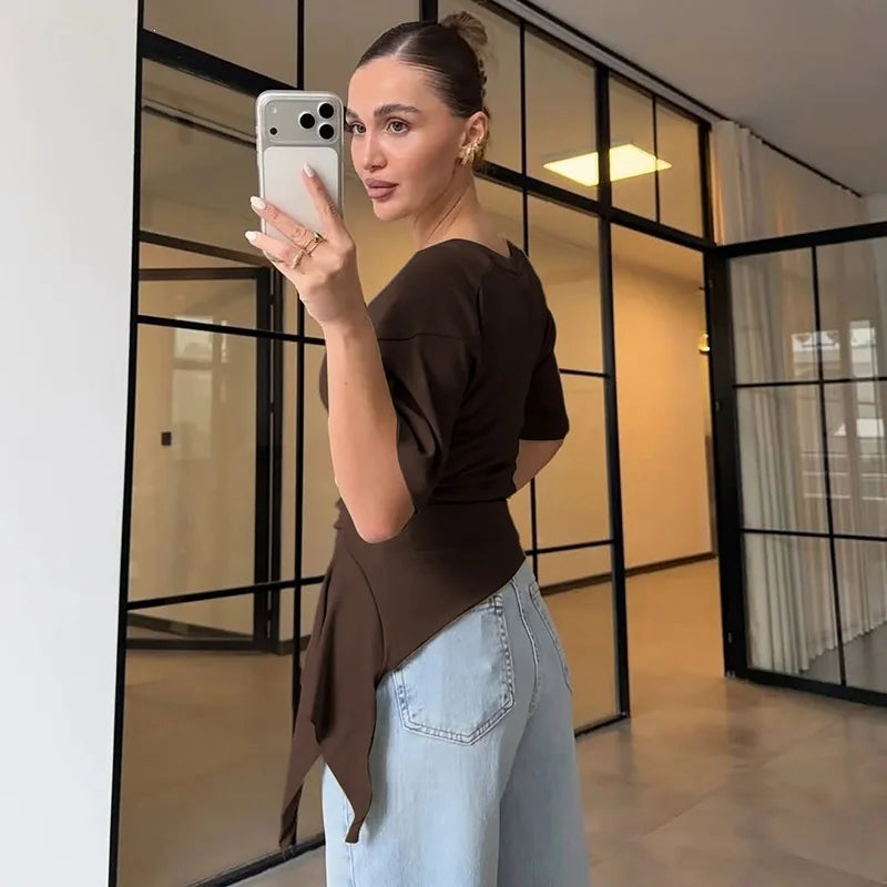 Crew Neck Short Sleeve Asymmetrical Tops Summer 2026 Fashion Tshirt Woman Clothes