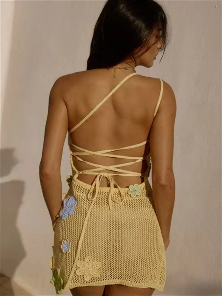 Crochet Flower Patchwork Mini Dress Women Diagonal Collar Bandage Backless Sleeveless Vacation Beach Party Outfits