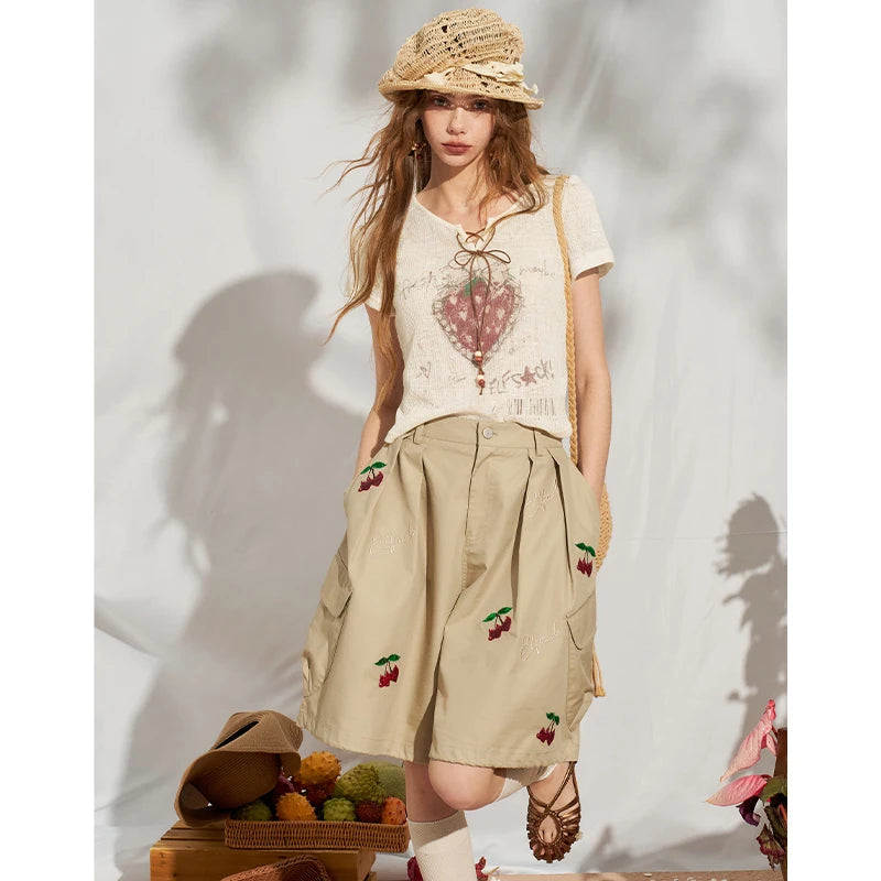 Women's Strawberry Print Lace-Up T-Shirt, Puff Sleeve Knit Punk Streetwear Top, Sweet Grunge Y2K Tee