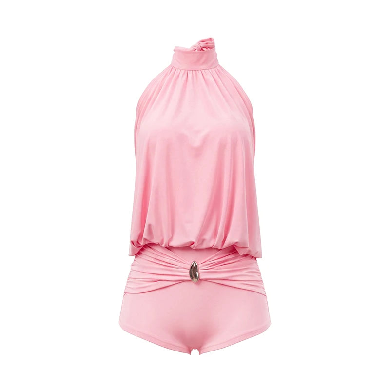 Folds Playsuits Women Metal Decoration Turtleneck Halter Bandage Backless Sleeveless Sexy  High Stretch Summer Outfits