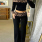Fluff Leopard  2 Piece Set Women Slash Neck Backless Full Sleeve Crop Tops+Skinny Pants High Street Wild Style Suits