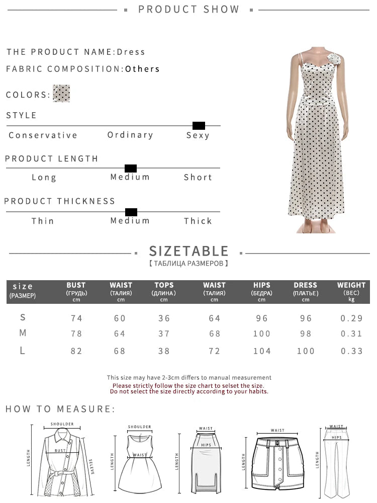 Elegant Polka Dot Print 2 Piece Set Woman 3d Flower Decoration Low-Neck Backless Camisole+Long Skirts Ruched Chic Outfits