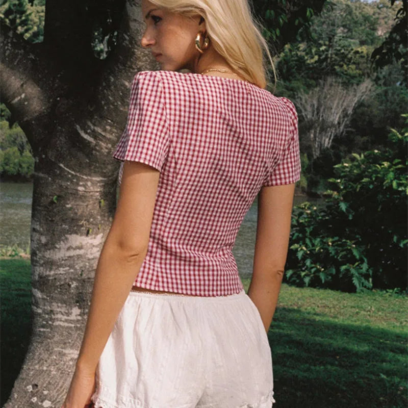 Women Y2k Button Down Shirt Preppy Short Sleeve Lapel Collar Blouse 2025 Vintage Slim Fit Crop Top Summer Streetwear