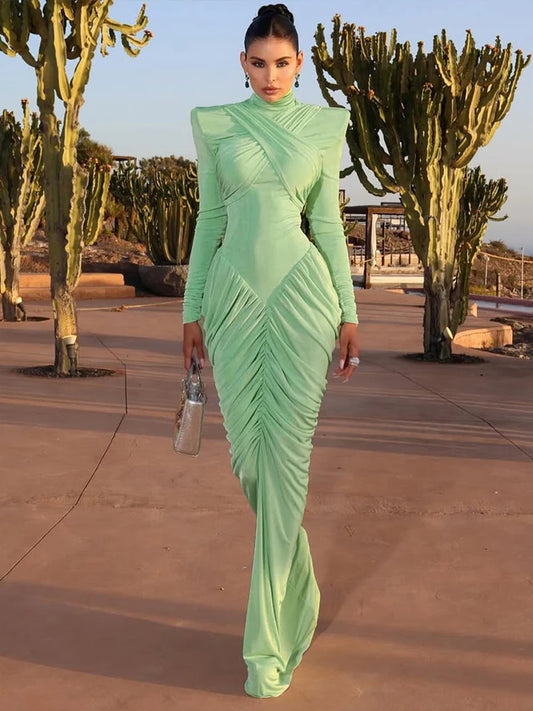 Autumn New Style Maxi Dress Women Turtleneck Full Sleeve Backless Skinny Stretch  Prom Party Ruched Elegant Vestidos