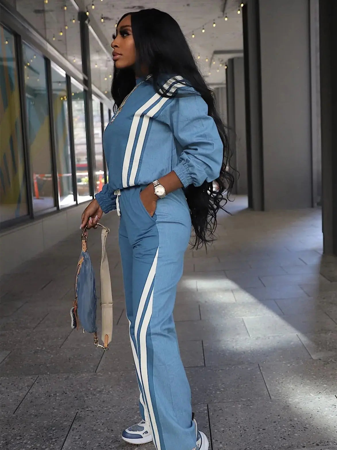 Autumn Trend 2 Piece Set Women Stripes Patchwork Full Sleeve Pullover+Drawstring Pants Casual Sporty Street Tracksuit