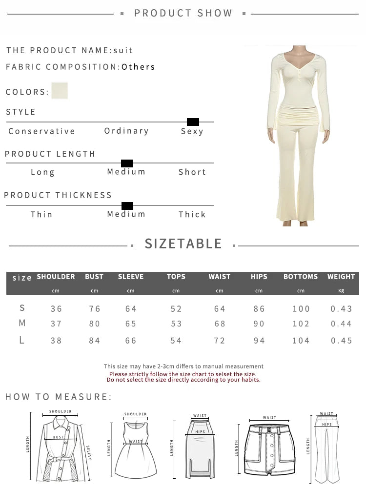 Hipster 2 Piece Set Women Button Low-Neck Full Sleeve Tops+Ruched Elastic Waist Pants Style Casual Comfortable Outfits