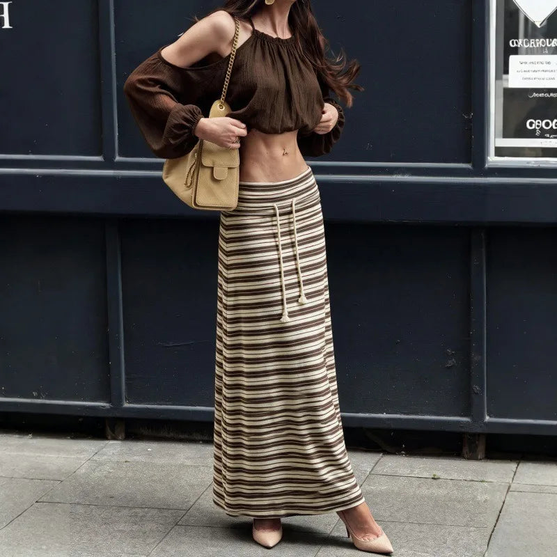 Multi-stripe Print Knit Maxi Skirt 2026 Fall Clothes Drawstring Long Skirts for Woman High Quality