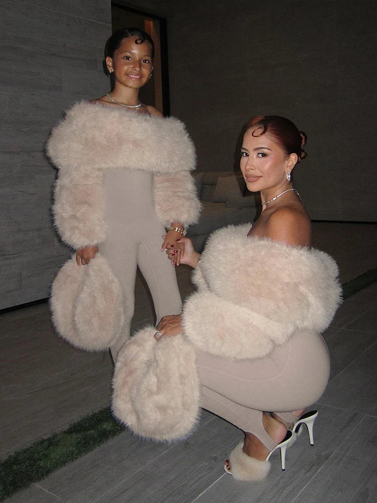 Peach Buttocks Sexy Fashion Jumpsuits Woman Winter Style Furry Patchwork Slash Neck Full Sleeve Skinny Street Overalls