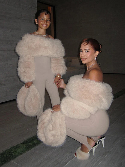 Peach Buttocks Sexy Fashion Jumpsuits Woman Winter Style Furry Patchwork Slash Neck Full Sleeve Skinny Street Overalls