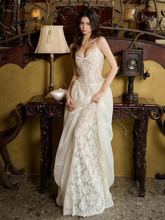 Elegant Jacquard Dress Women See Through Lace Patchwork Sleeveless V-Neck Party Banquet Fashion Chic Activity Outfits