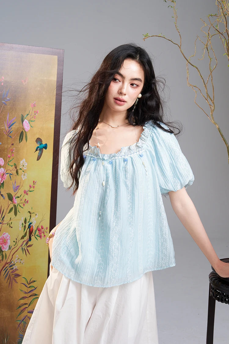 Women's Lace Embroidered Square Neck Blouse, Puff Sleeve Ruffle Neck Casual Loose Top