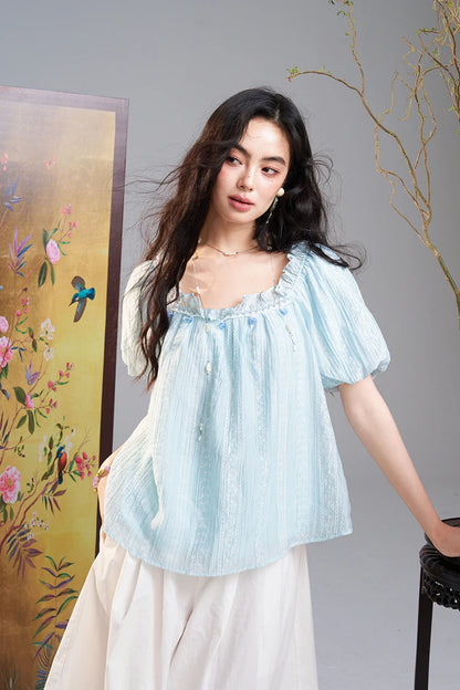 Women's Lace Embroidered Square Neck Blouse, Puff Sleeve Ruffle Neck Casual Loose Top