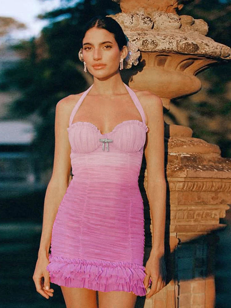 Gradient Ruched Dress Women Halter Bandage Tierred Metal Diamond Backless Summer Luxury birthday Party Mini Bodycon