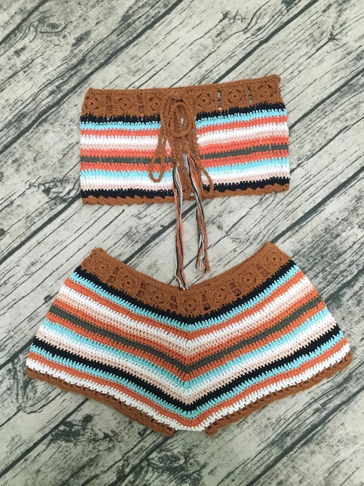 Beach Sexy Women 2 Piece Set knit Stripe Vacation Hollow Shirring Bra Tops+ Shorts Classic Stretch Matching Clubwear