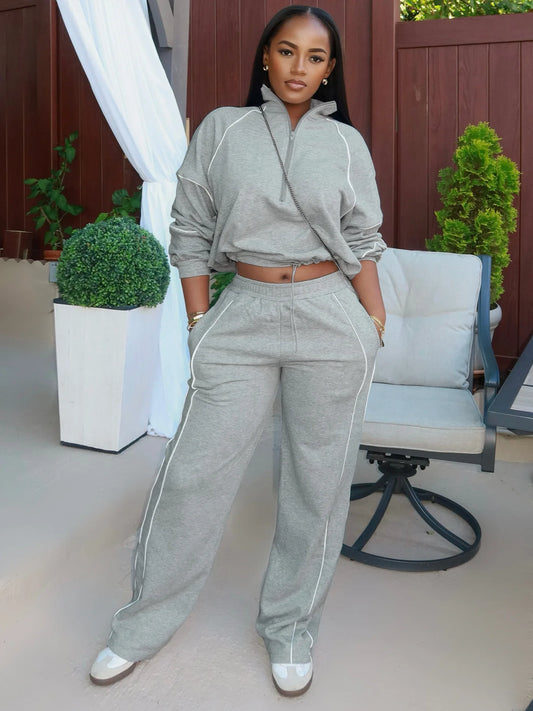 Sporty 2-Piece Set Women Zip Polo-Neck Drawstring Crop Tops+Stripe Pants Matching Simple Casual Tracksuit Streetwear