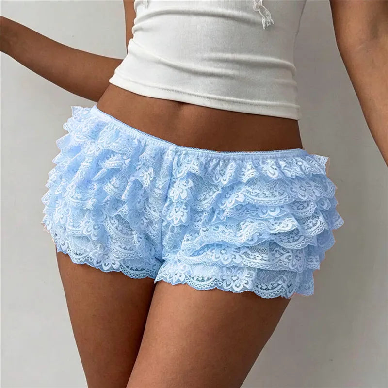 Women Ruffle Lace Bloomers Multi Layered Floral Lace Trim Mini Shorts Elastic Waist Cute Pettipants Y2K Lolita Underwear