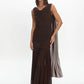 Women Draped Cowl Neck Mesh Maxi Dress Sleeveless Ruched Bodycon Long Dress Side Split Flowy Party Evening Long Dresses