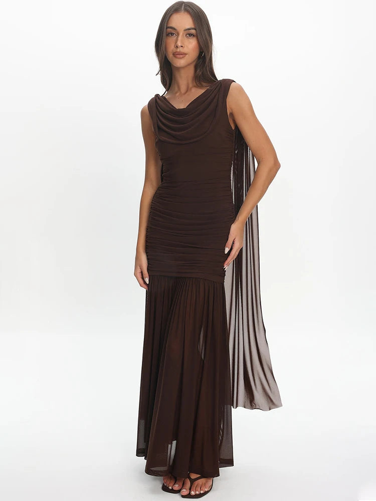 Women Draped Cowl Neck Mesh Maxi Dress Sleeveless Ruched Bodycon Long Dress Side Split Flowy Party Evening Long Dresses