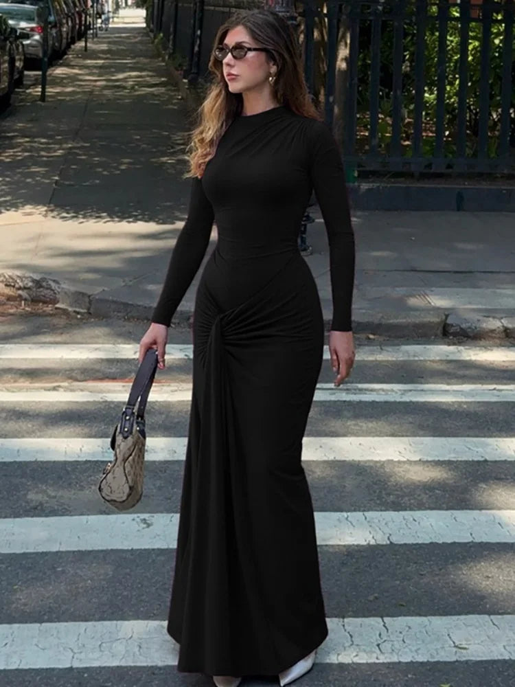Long Sleeve Ruched Maxi Dress Solid Color Elegant Dresses for Woman Party Outfits Autumn 2025