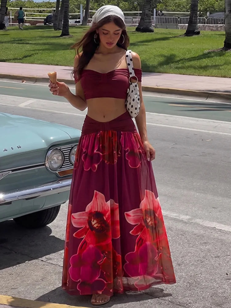 Print Two Piece Set Women Elegant Strapless Crop Top And Maxi Skirt Sets Female Pleated Beach Club Party Dress Set