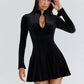 Hollow Out Long Sleeve Sexy Mini Dress Women Elegant Velvet Turtleneck High Waist A-line Club Party Dress Female